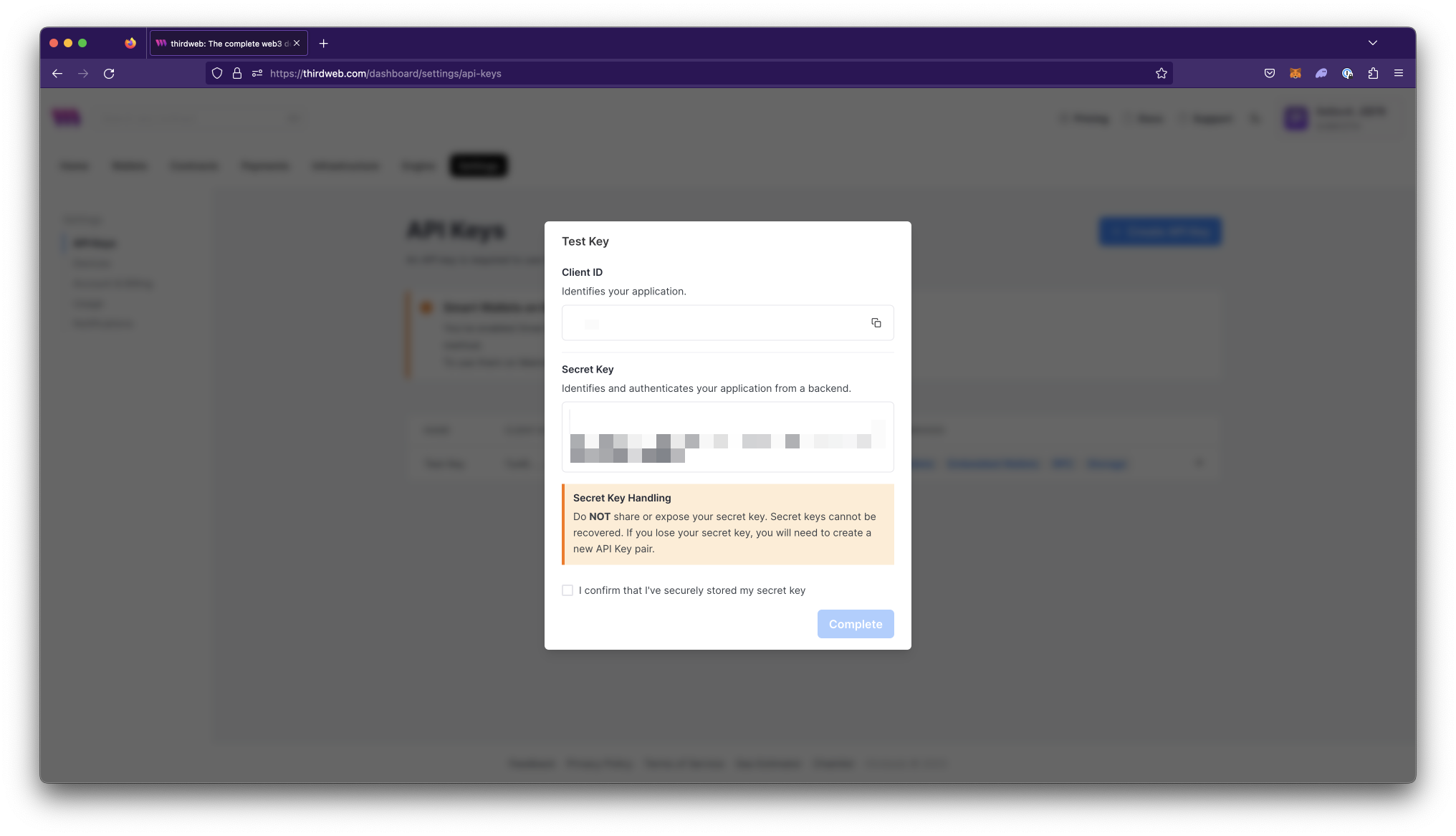 Modal with newly created Client ID and Bundle ID